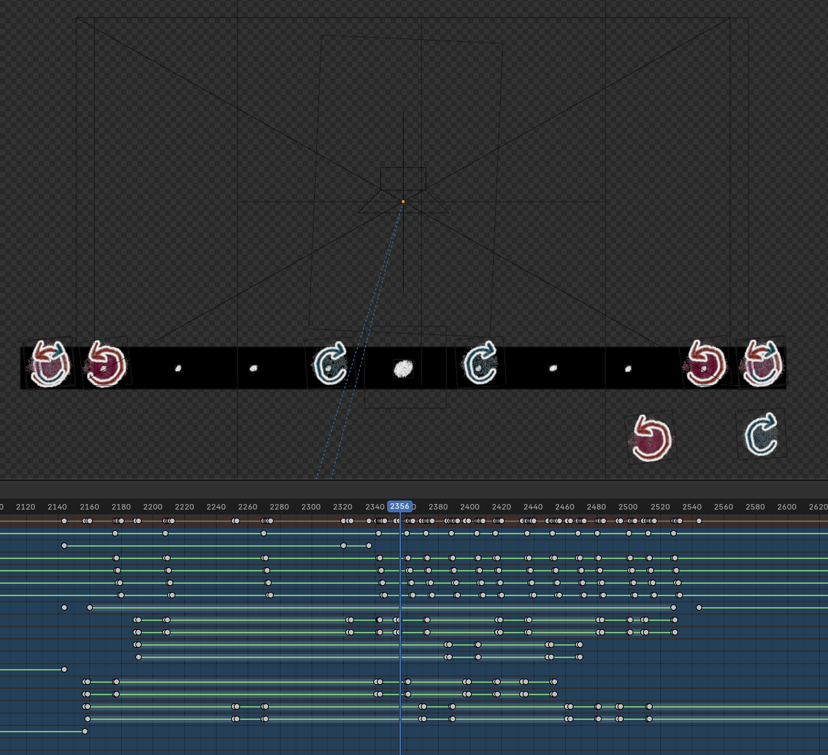 The rhythm game part of the music video, as seen through Blender objects & keyframes