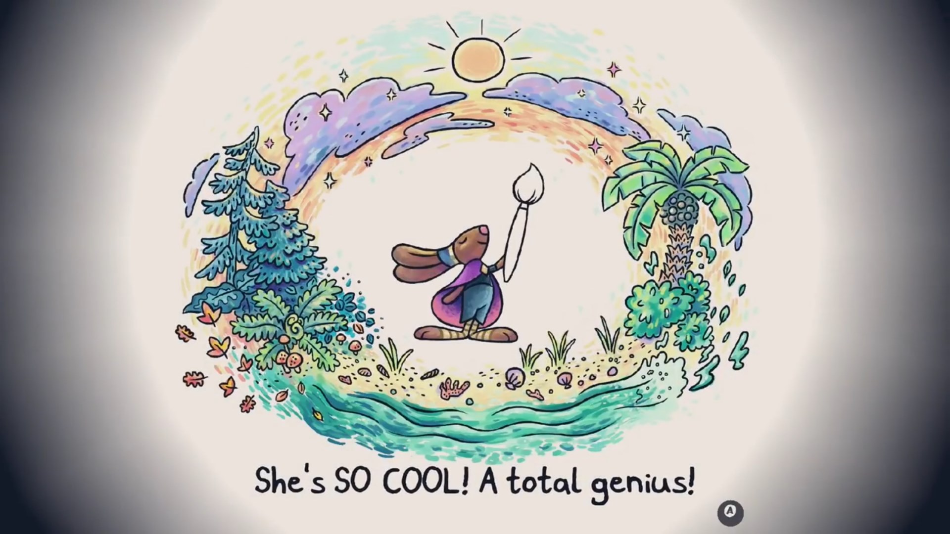 Chicory and her art being introduced by the player character: βShe's SO COOL! A total genius!β