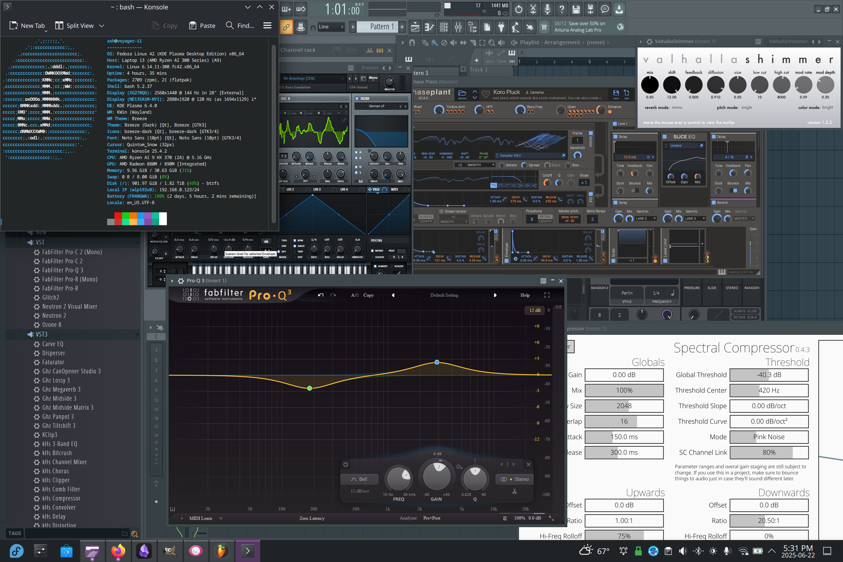 Screenshot showing FL Studio & various plugins running on Fedora Linux