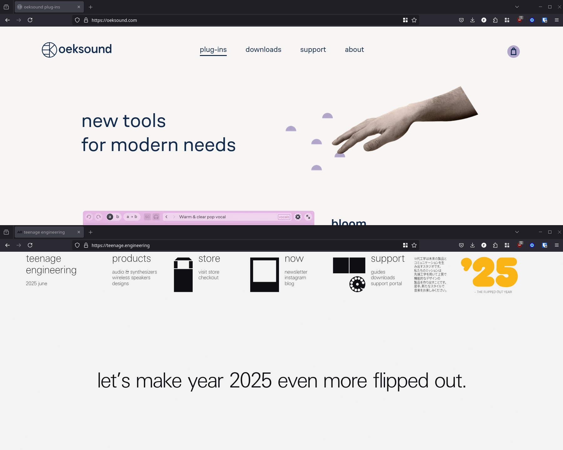 oeksound & teenage engineering's websites side-by-side