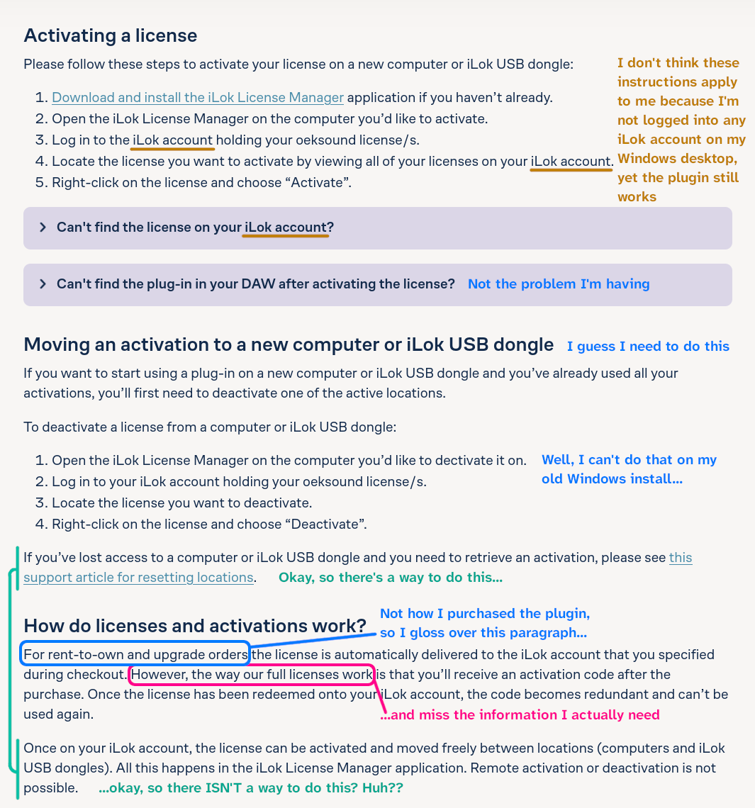oeksound's support article for managing activations, with various annotations explaining how I read & misinterpreted the information