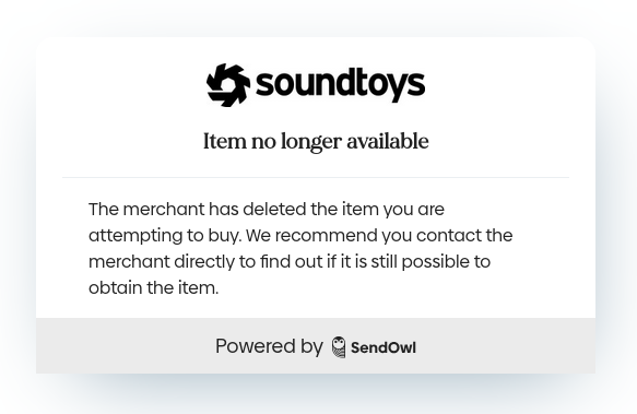 Soundtoys download page that says 'Item no longer available'